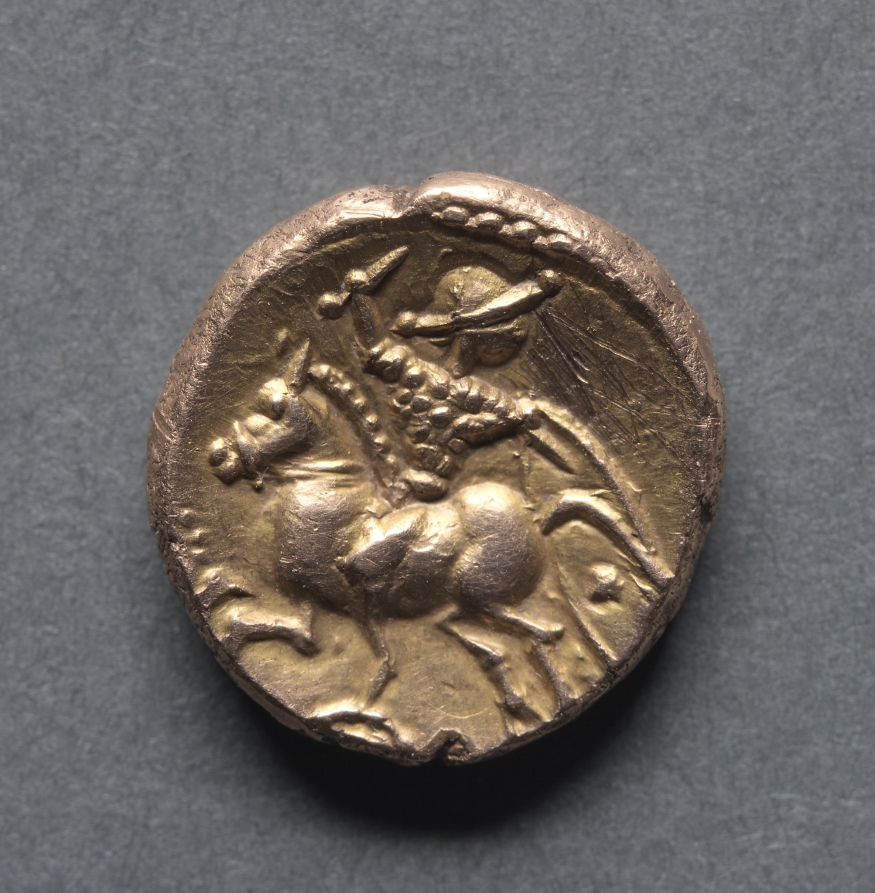 Tasciovanus Stater: Horse and Armed Rider (reverse), c. 20 BCE–10 CE (Cleveland Museum of Art 1969.151.b)