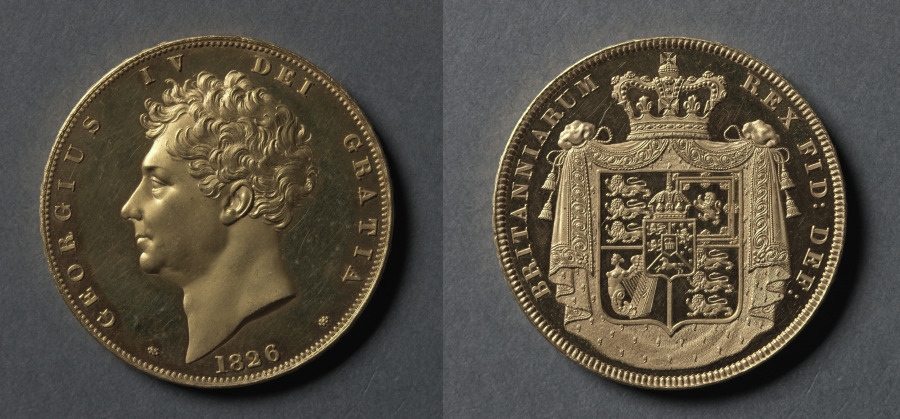 Five Pound Piece: George IV (obverse); Shield of Arms (reverse), 1826 (Cleveland Museum of Art 1969.215)