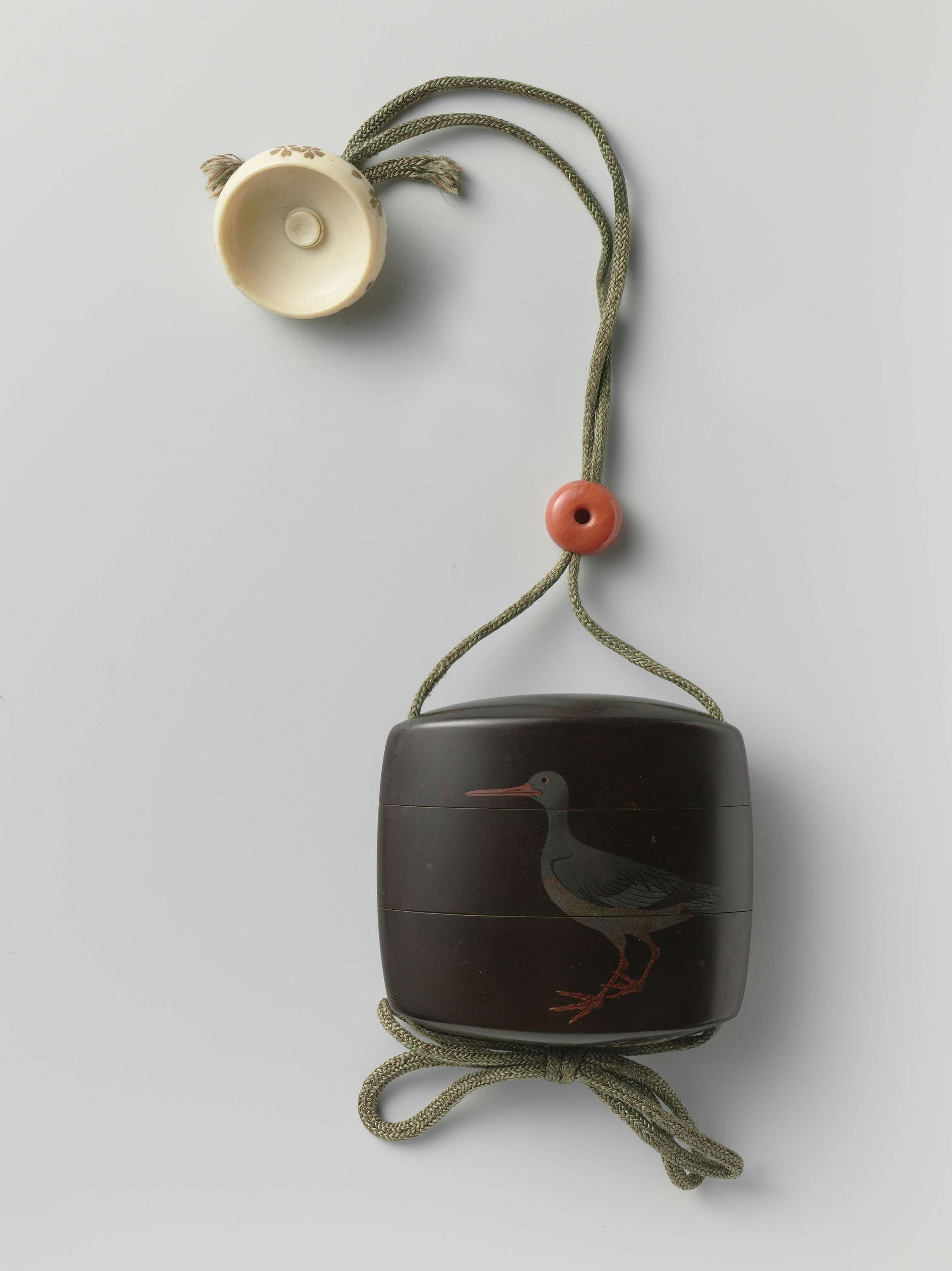 Inro with bird, netsuke with blossoms, ojime