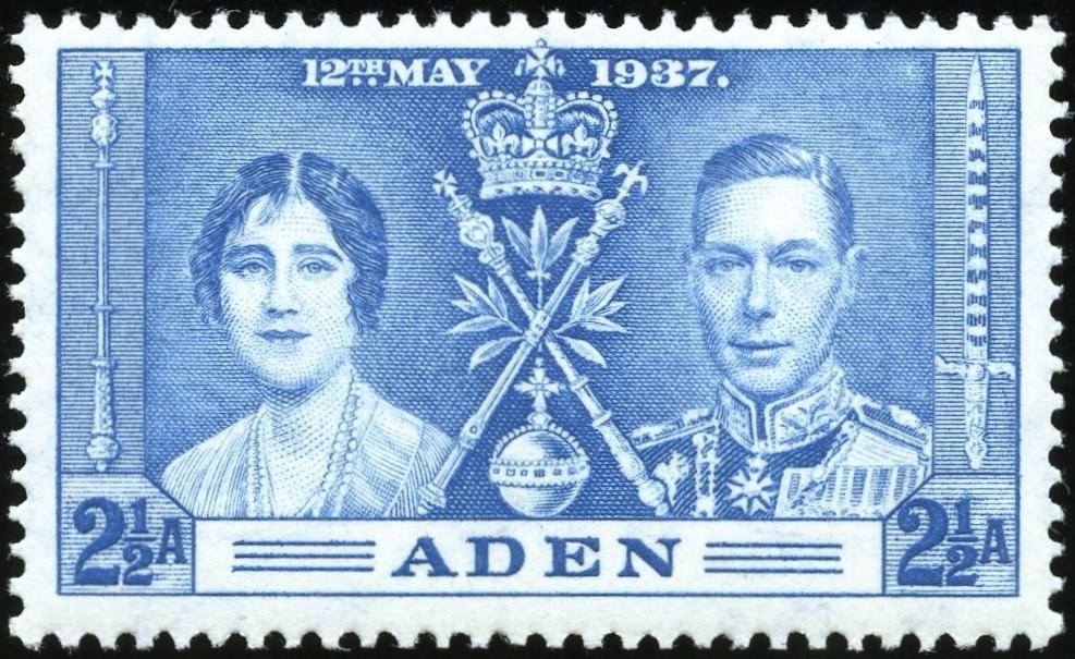 Photograph of a stamp from this issue (Wikimedia Commons file “Stamp of Aden - 1937 - Colnect 165127 - 1 - King George VI and Queen Elizabeth.jpeg”). The paper, perforation or watermark variety shown cannot be confirmed from the photograph.