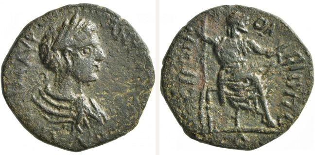 Olbia, Caracalla, bronze coin — Zeus enthroned right (CN type 23786)