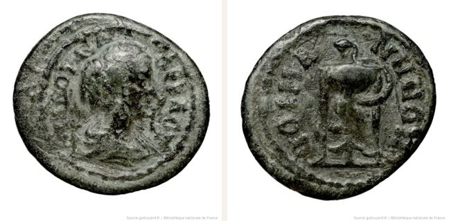 Poimanenon, Iulia Domna, bronze coin — Serpent coiling around tripod (CN type 12812)