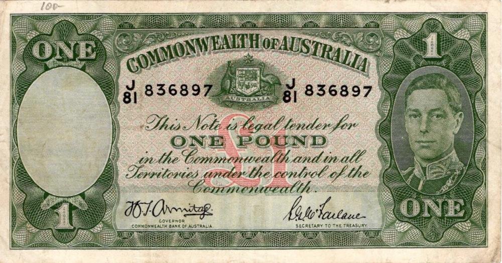 Auction photograph of an example of Pick 26 (Foreign Banknotes - AUSTRALIA 1 Pounds 1942 pick #26b - Numero a matita e a...)