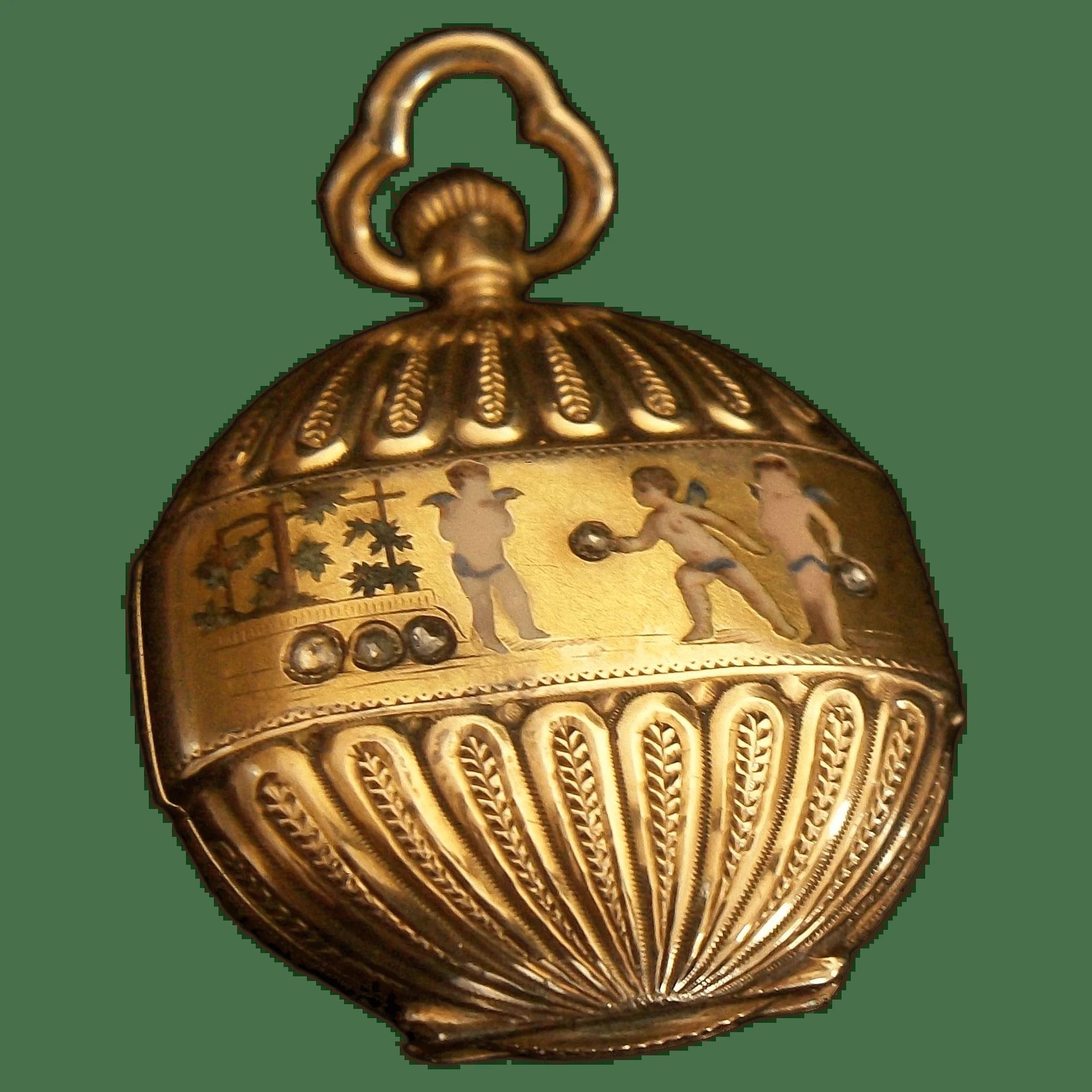 14k Gold Pendant Watch, Enamel Putti & Diamonds, Switzerland -  1870