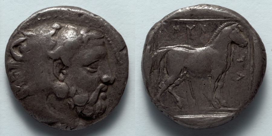 Stater: Head of Bearded Herakles (obverse); Horse (reverse), 389–369 BCE (Cleveland Museum of Art 1916.990)