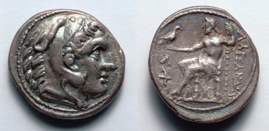 Tetradrachm: Head of Young Herakles (obverse); Zeus (reverse), 336–323 BCE (Cleveland Museum of Art 1941.294)