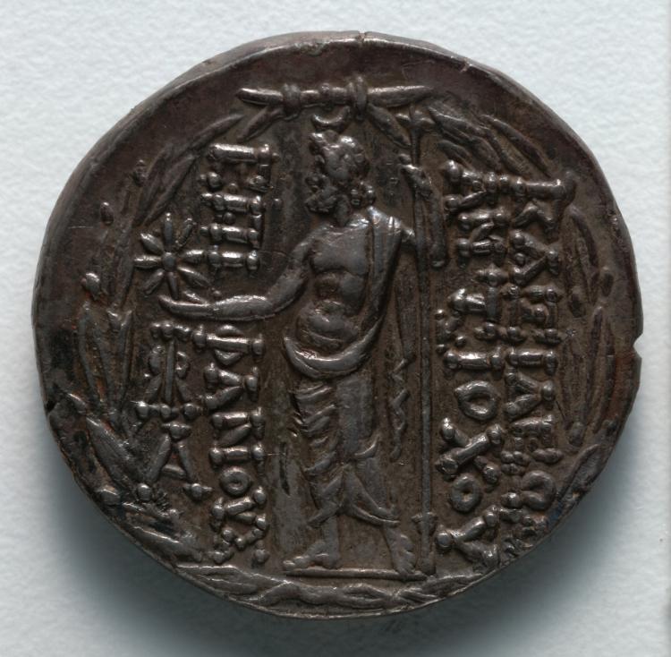 Tetradrachm: Zeus Ouranios within Olive Wreath (reverse), 112–110 BCE (Cleveland Museum of Art 1916.974.b)