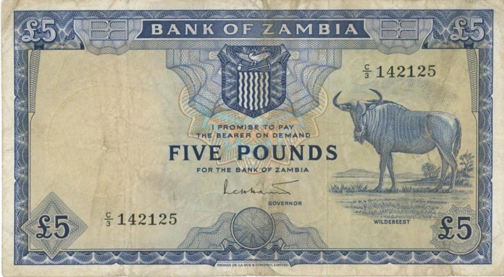 Auction photograph of an example of Pick 3 (Foreign Banknotes - ZAMBIA 5 Pounds 1964 - Pick #3...)