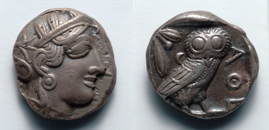 Tetradrachm: Head of Athena (obverse); Owl (reverse), 480–449 BCE (Cleveland Museum of Art 1920.267)