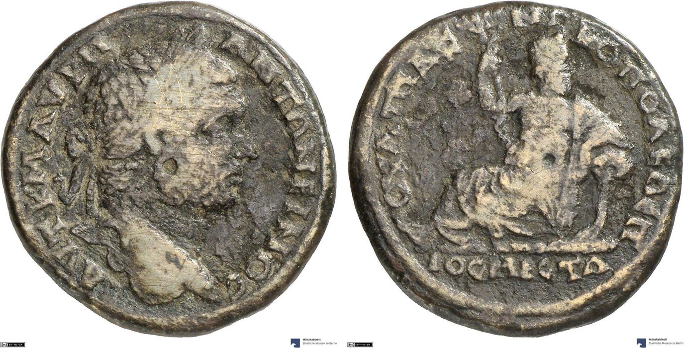 Nikopolis ad Mestum, Caracalla, 5 unit — Bearded river-god reclining left (CN type 11835)