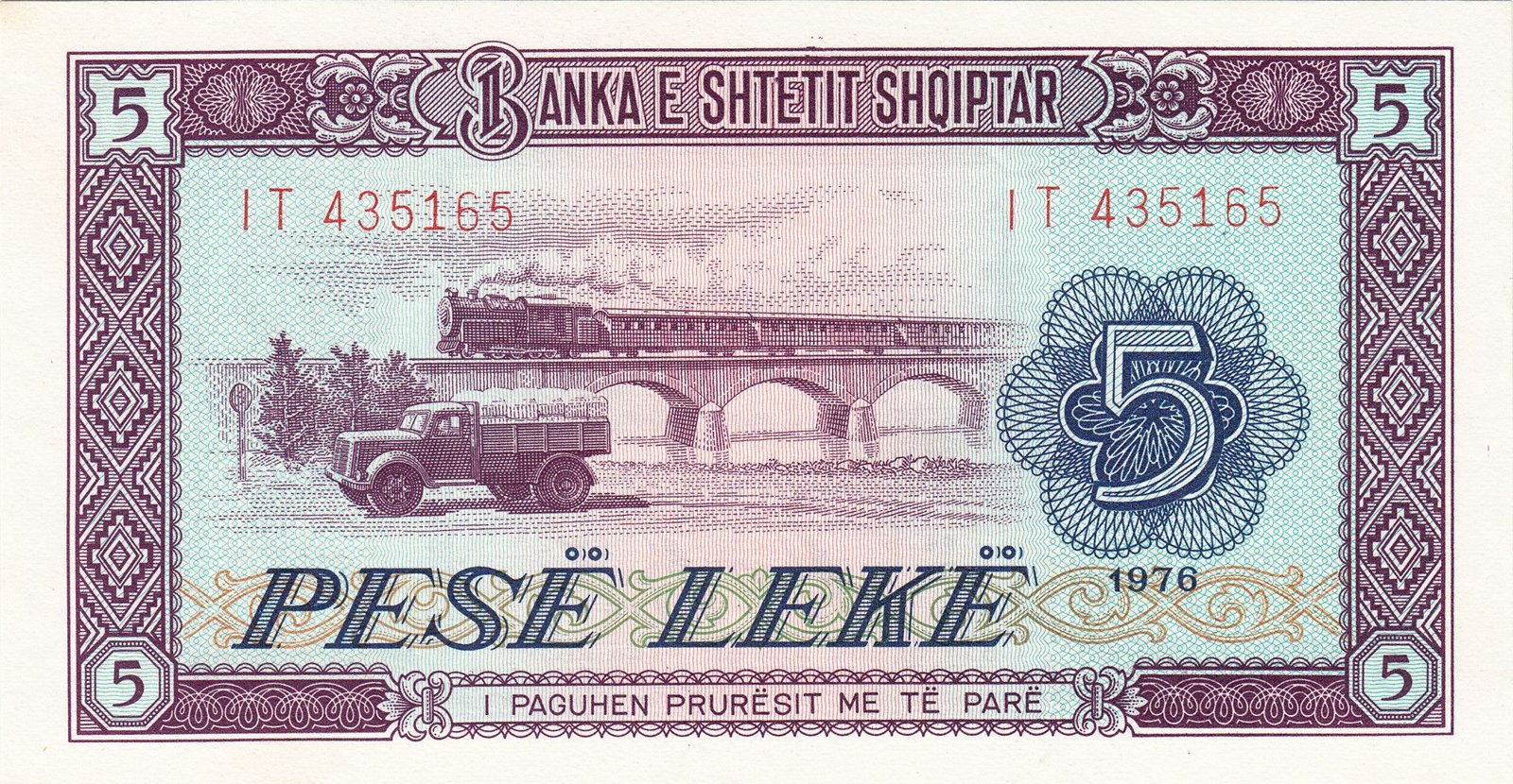 Obverse of 5 Lekë (1964–1976), Pick 35a