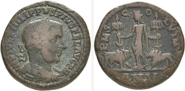 Viminacium, Philippus Arabs, bronze coin — Moesia standing left (CN type 16377)