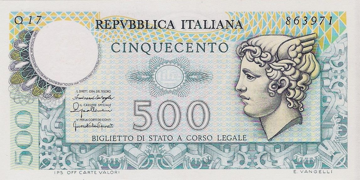 Obverse of 500 Lire (1974–1979), Pick 94