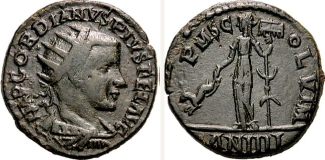 Viminacium, Gordian III., bronze coin — Moesia standing left (CN type 15794)