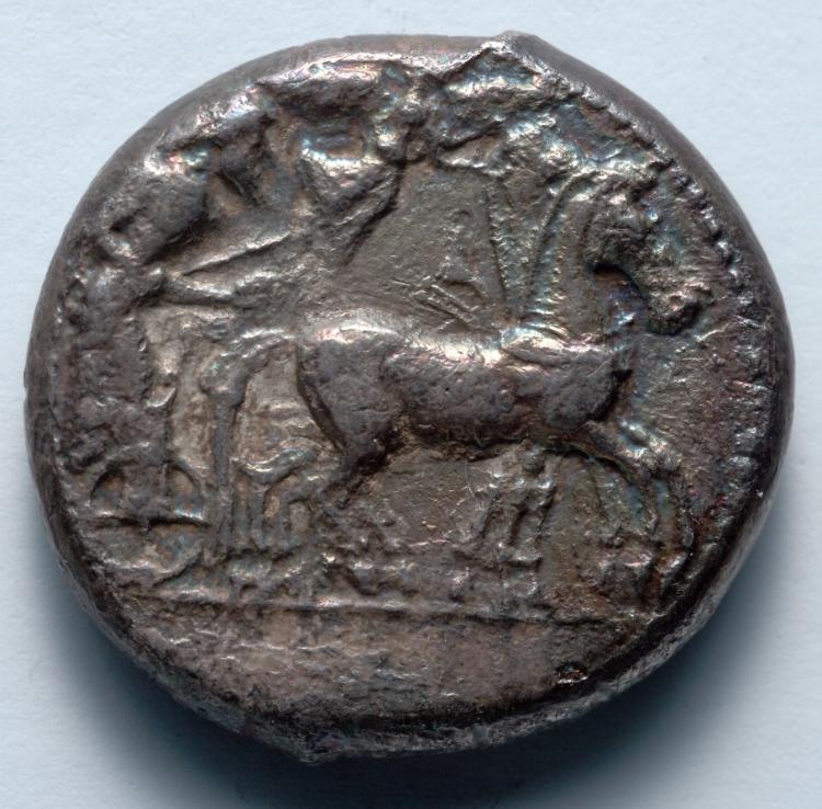 Tetradrachm: Quadriga, Nike (obverse), 485–478 BCE (Cleveland Museum of Art 1917.987.a)