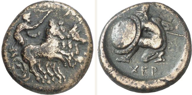 Chersonesos Taurike, bronze coin — Kneeling warrior with shield and spear (CN type 22919)