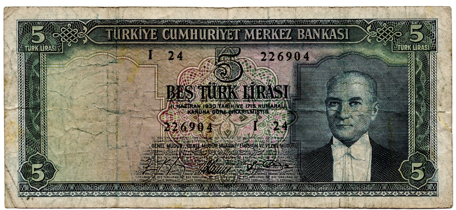 Obverse of 5 Lira (1965), Pick 174