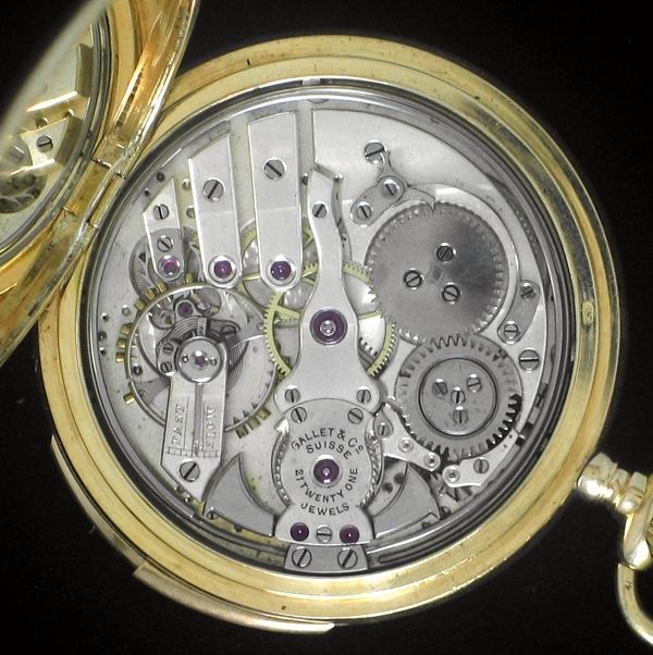 Close-up of a minute repeating pocket watch movement showing placement of the gong and hammers, manufactured by the Gallet family in 1905