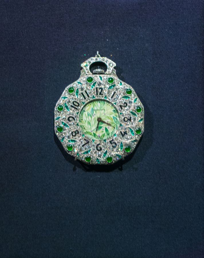 Pocket watch with movement by Longines, on display as part of the "Jazz Age" exhibit at the Cleveland Museum of Art in Cleveland, Ohio, in the United States. Longines (est. 1832) made this watch between 1922 and 1925. Vartanian & Sons, a New York City jeweler and watchmaker, desi