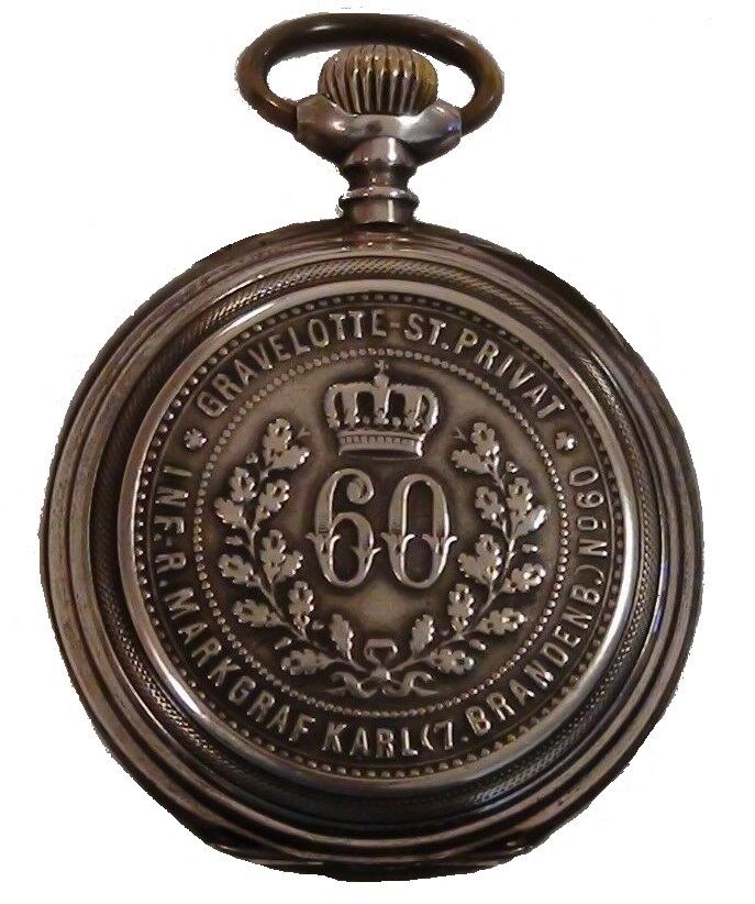 Taschenuhr eines Angehörigen des Infanterie-Regiments 60, mit Erinnerung an Schlacht von Gravelotte. Uhr von vor 1914.