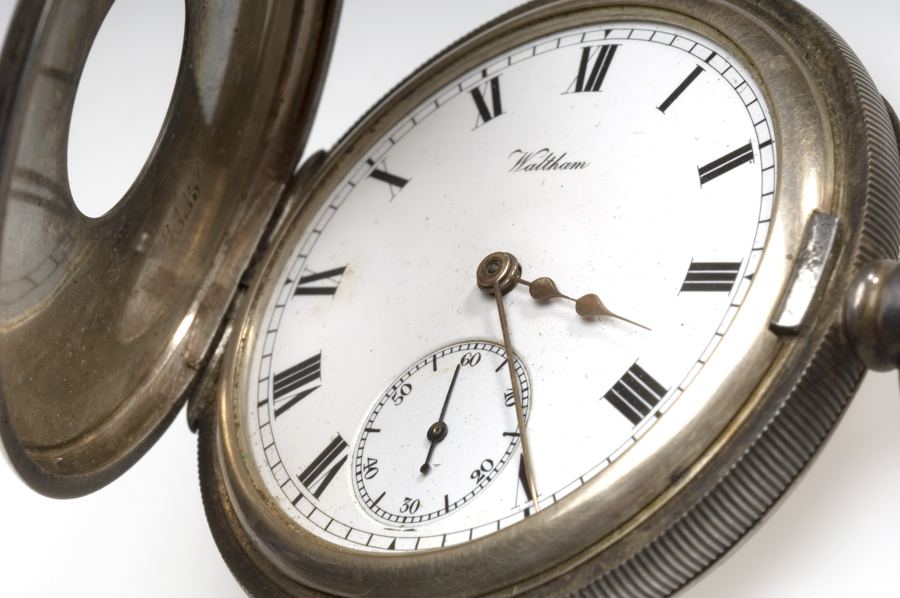 Pocket watch engraved 'Presented to William John White by BW and Co for 21 years service 7 November 1900. From Sir Henry's pocket, 12.40 am 25 July 1936 (at death) Archives & Manuscripts Keywords: Time