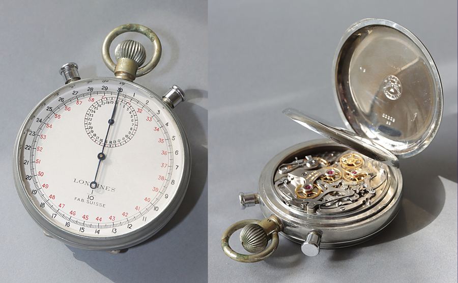 Professionelle Longines Stoppuhr der 1950er. Schleppzeiger-Chronograph mit 36.000 A/h für Meßgenauigkeit von 1/10s. Weitere Merkmale: Brequet-Spirale, Schaltrad-Steuerung, Schwanenhals-Feinregulierung.
