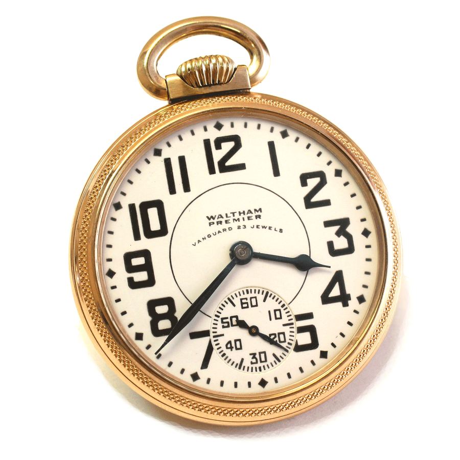 WALTHAM Premier pocket watch Vanguard Model 1908 16s 23j 10k Gold Filled 1943 Made in United States of America
