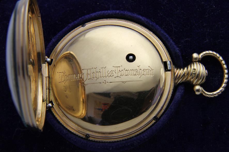Inside the rear of the "Carmichael watch", made by James McCabe in 1814, and recovered after the shipwreck of "Loch Ard" in 1878. Inscription to "Thomas Achilles Townshend", probably ordered by his wife, Eva, on the occasion of their marriage in 1884.